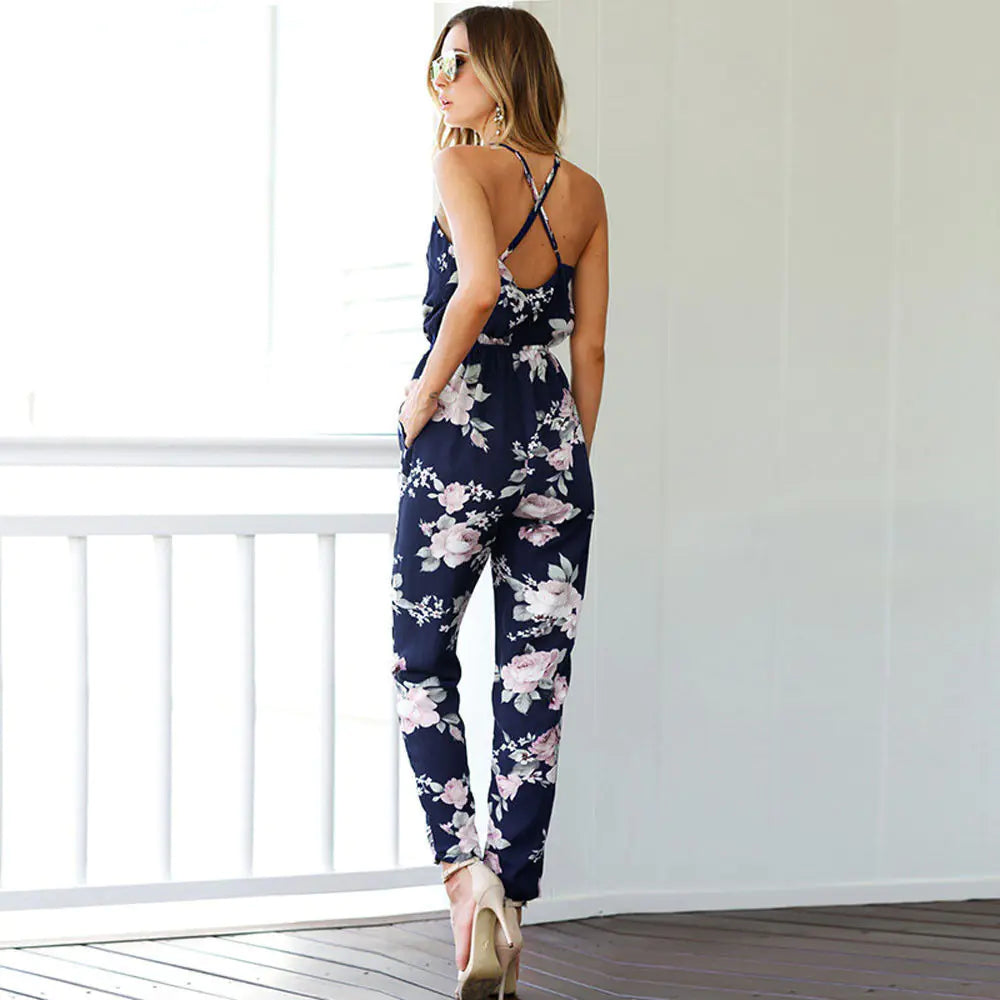 Printed Jumpsuit with Cross and Open Back Design