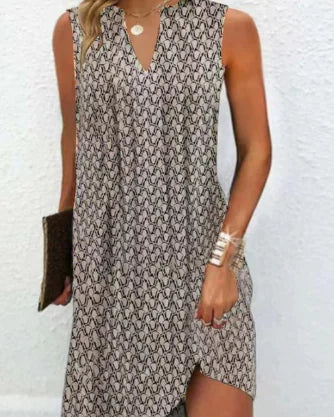 Sleeveless Printed Dress with V-Neck (One Piece)