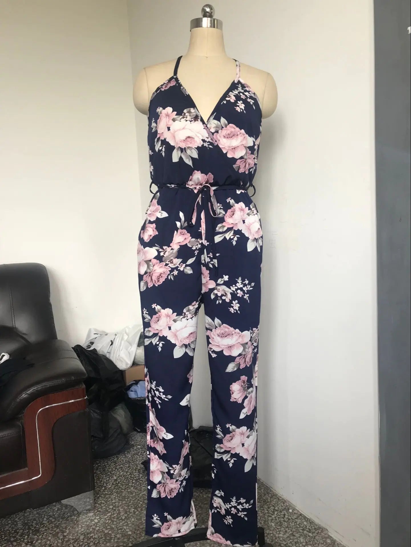 Printed Jumpsuit with Cross and Open Back Design