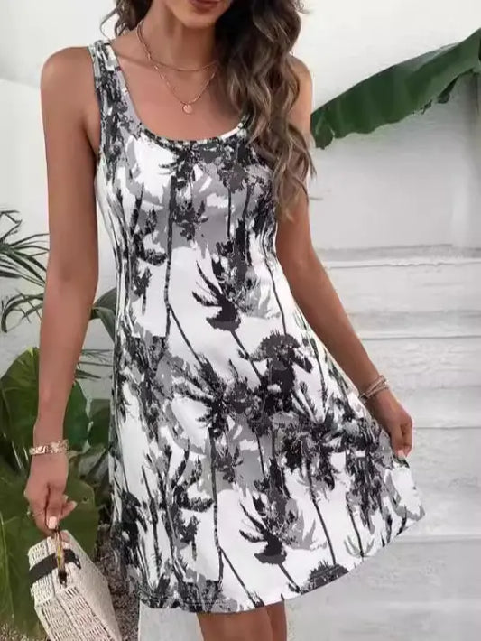 Printed Scoop Neck Wide Strap Mini Dress (One Piece)