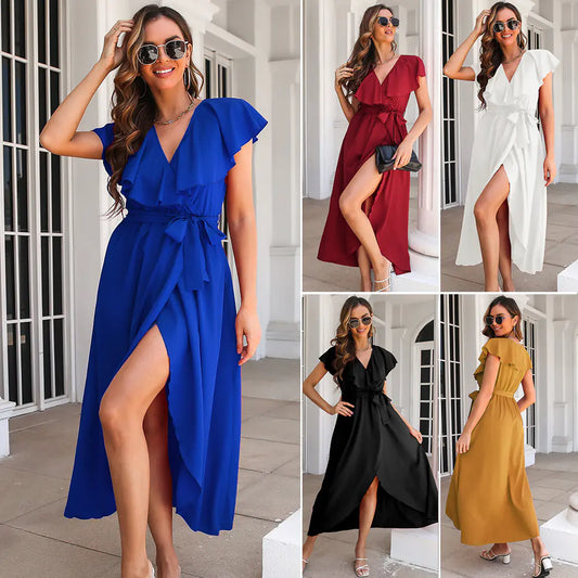 Ruffled V-neck Sleeveless Dress with Slit Skirt (One Piece)