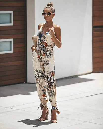 Printed Jumpsuit with Cross and Open Back Design